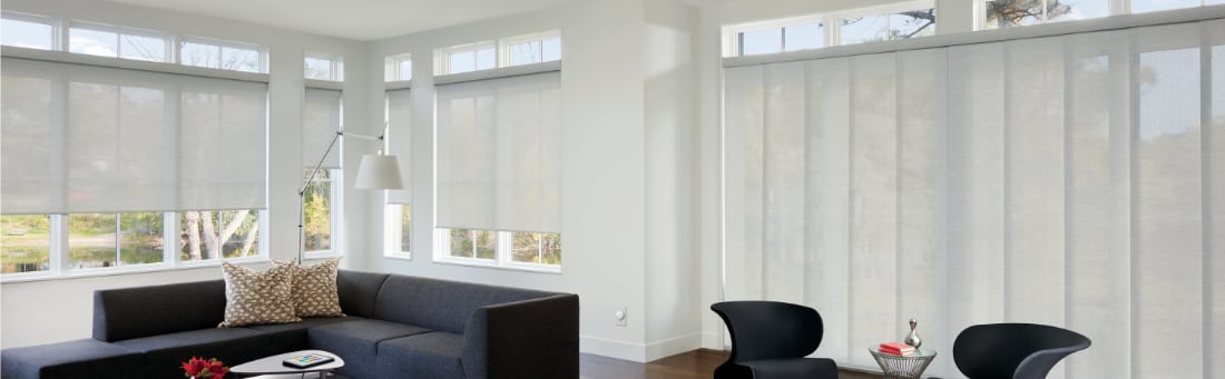 Motorized shades in a living room